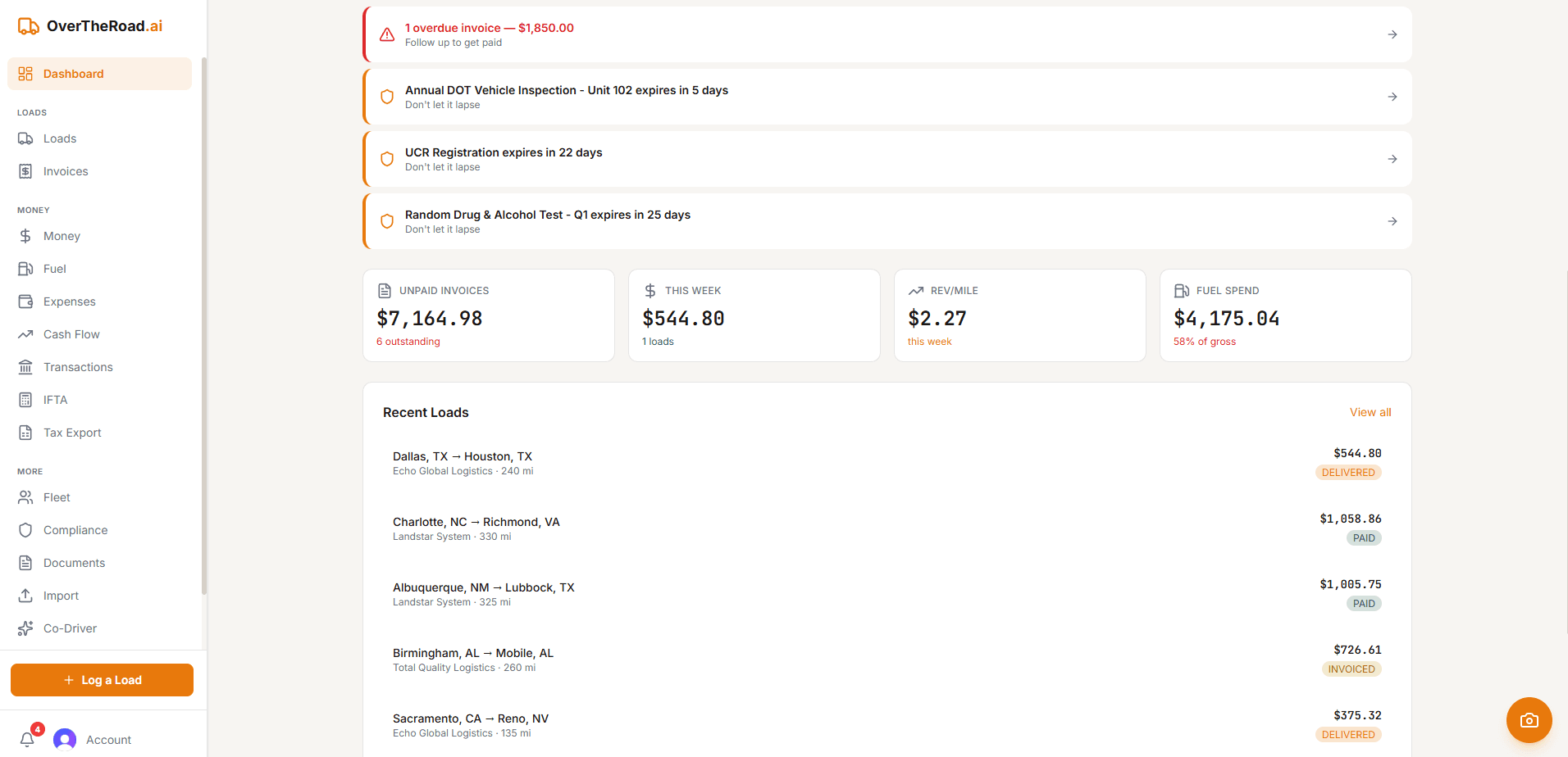 OTR dashboard showing 14-day cash flow projection, revenue tracking, and low-balance alert configuration for owner-operators